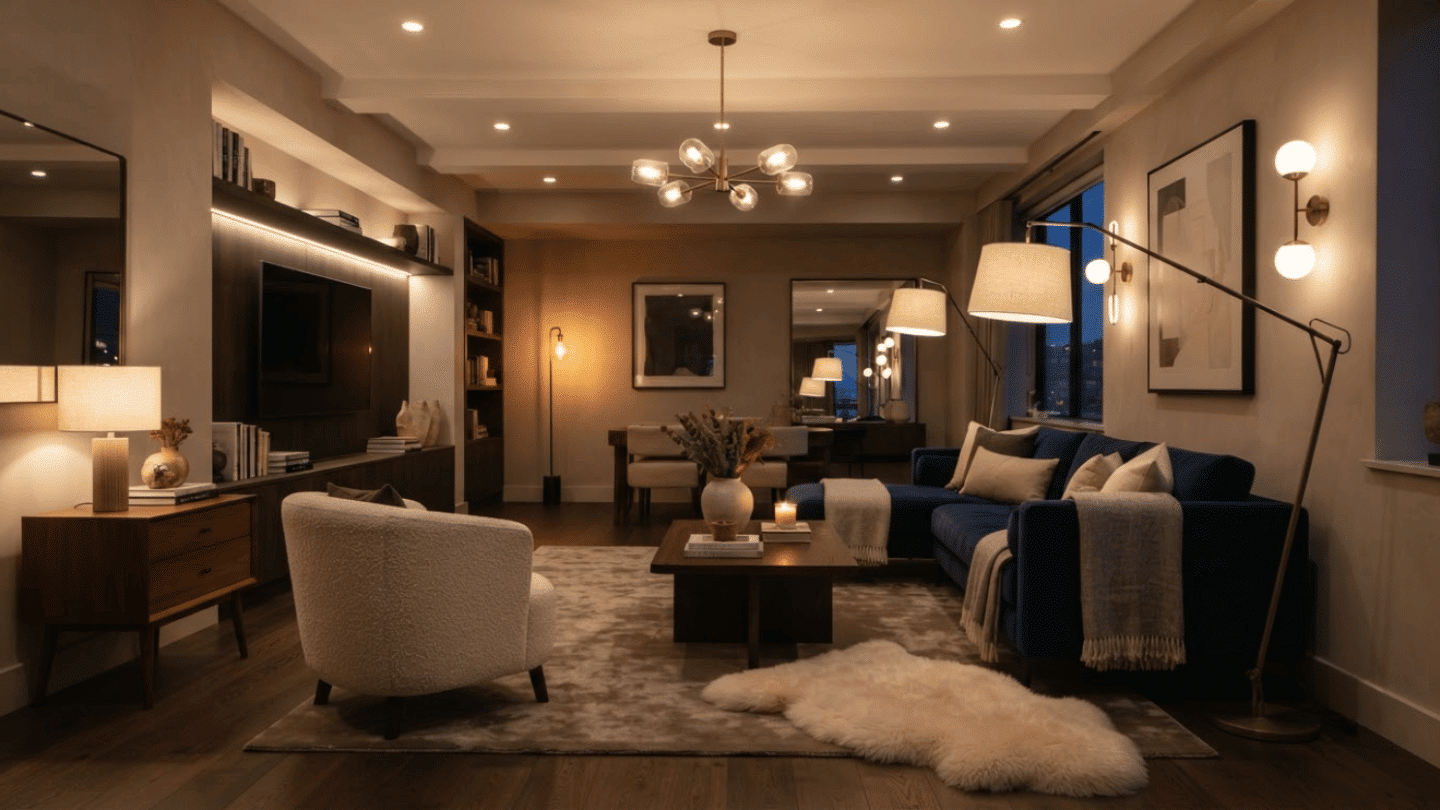 Modern contemporary room featuring layered lighting, ceiling fixtures, floor lamps, and warm ambient effects.