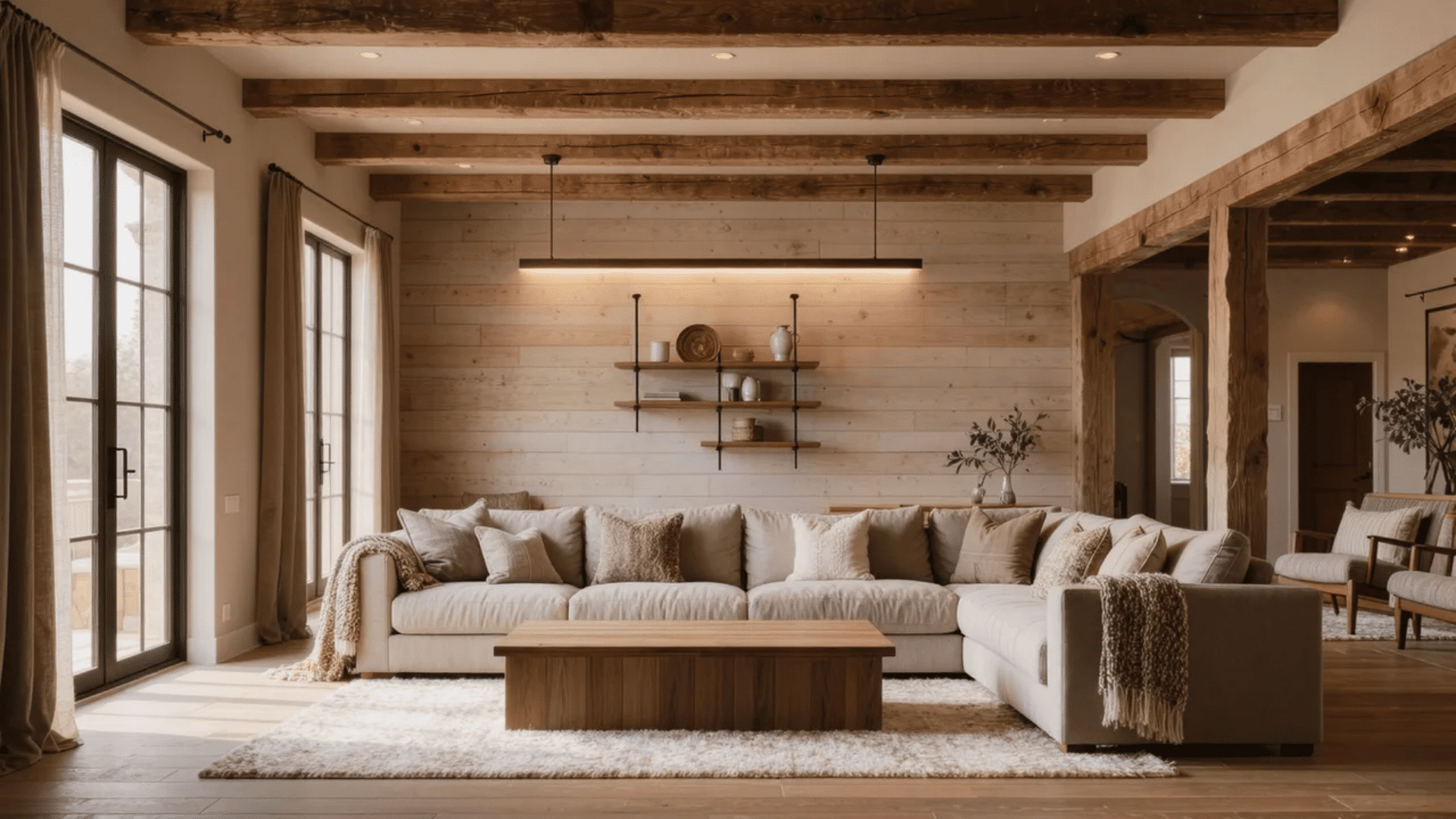 Modern farmhouse design showcasing interior design styles with wooden beams, neutral colors, cozy seating, and rustic textures.