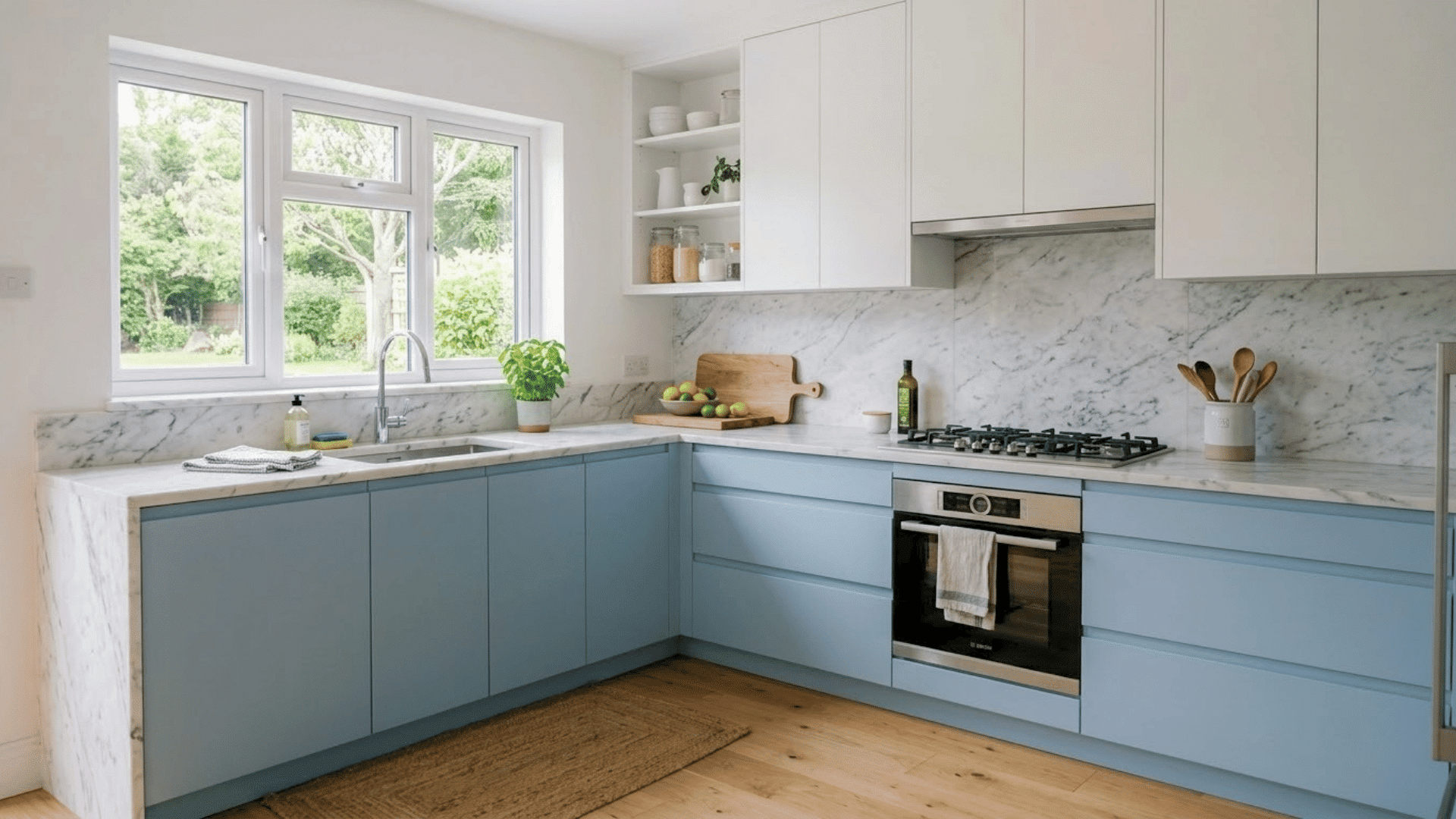 Modern handleless blue kitchen with marble backsplash, white cabinets, and countertop.