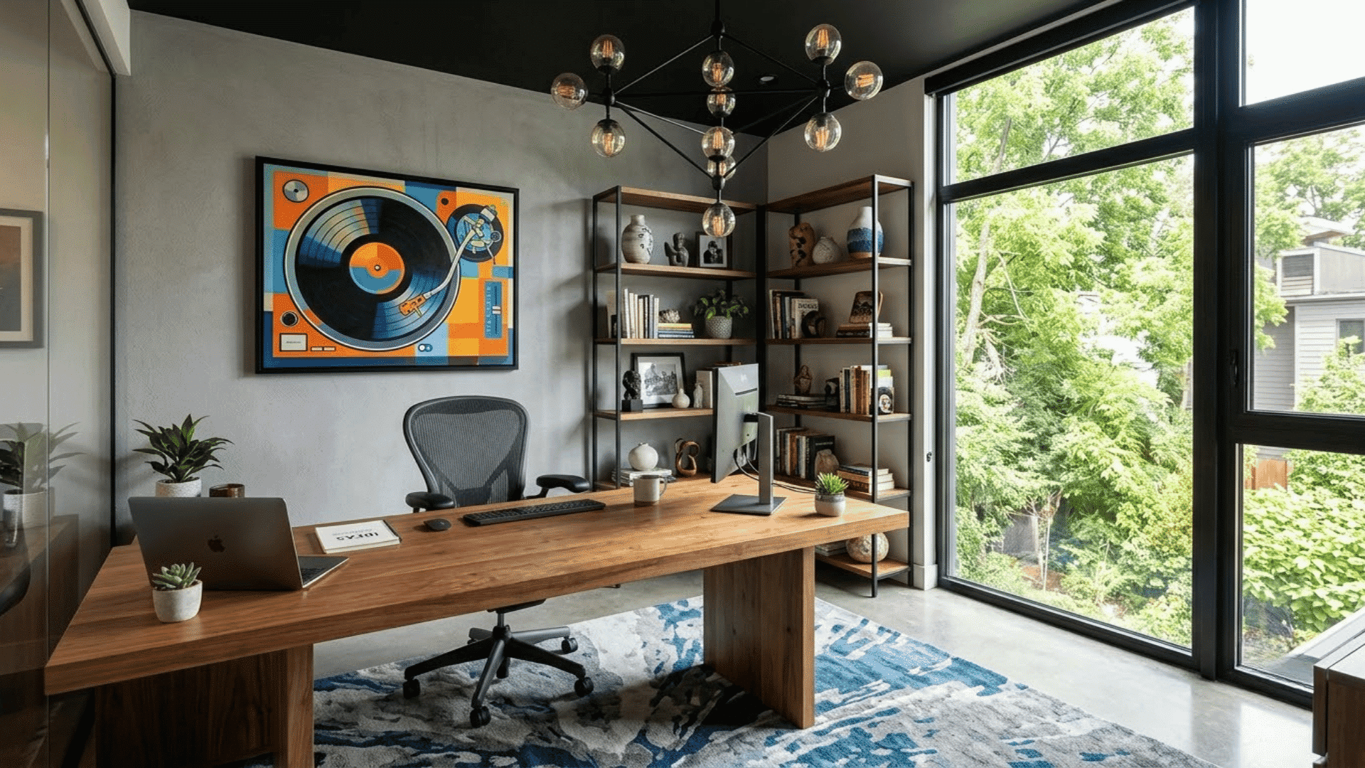 Modern home office with wooden desk, shelves, computer, and large windows.