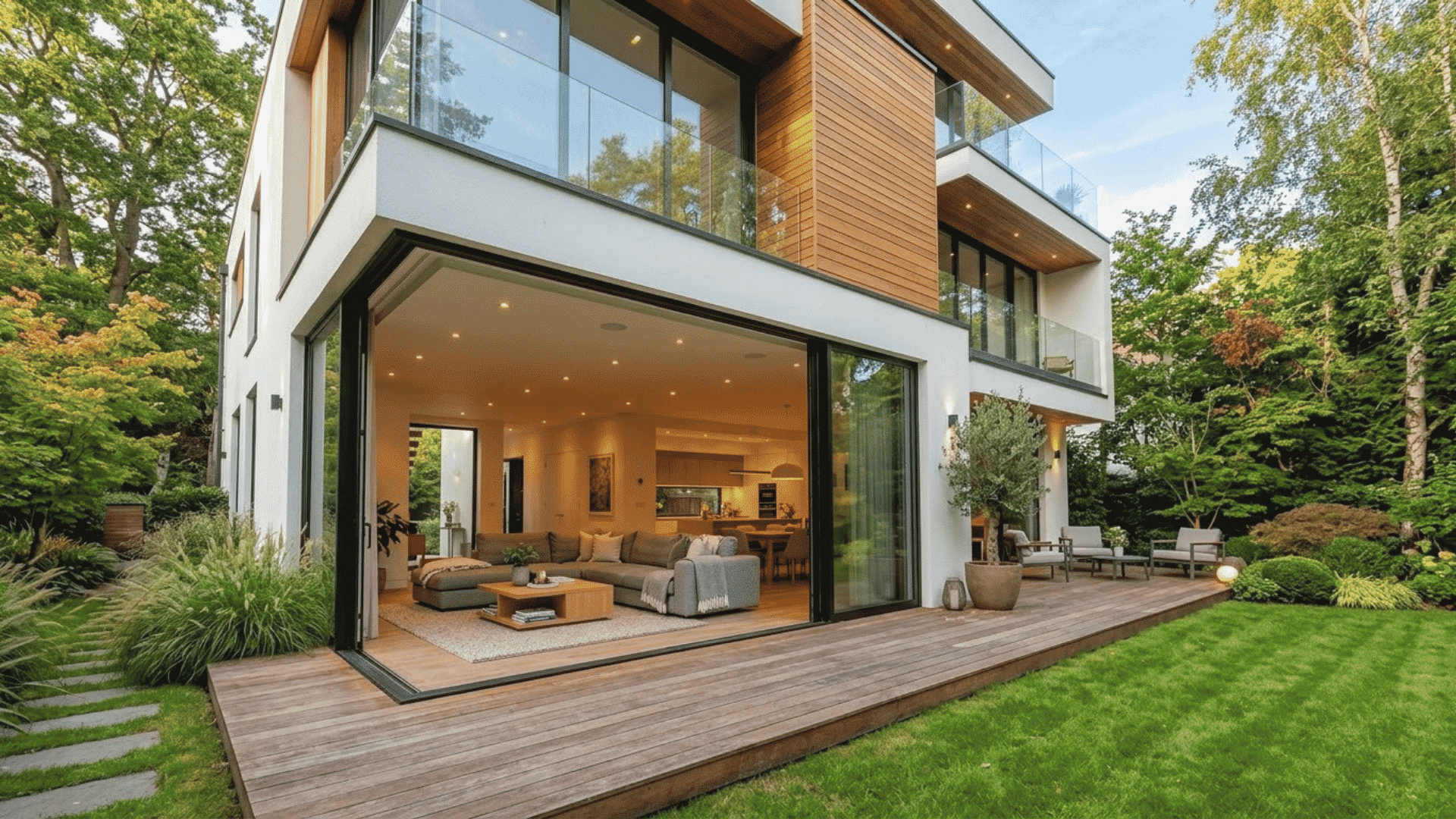 Modern house with wooden deck, glass walls, garden, and outdoor seating area.