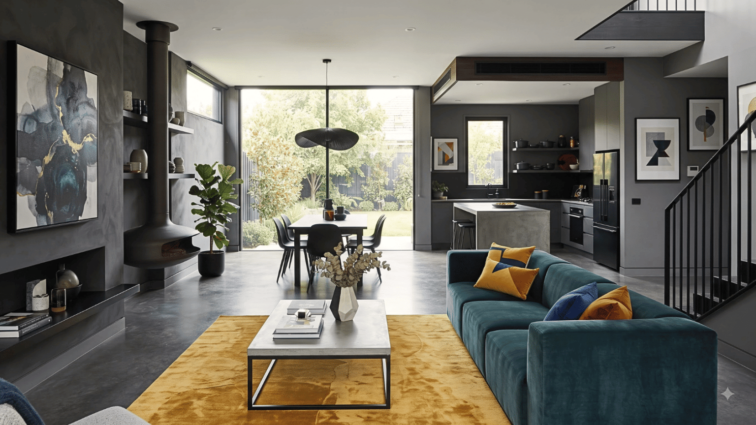 modern interior design styles fill this open living space with dark tones, sleek furniture, kitchen, artwork, and light