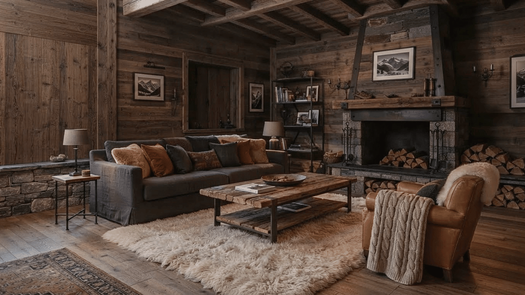 Modern interior styles featuring Alpine Chic decor with reclaimed wood, stone accents, warm textiles, and cozy mountain details.