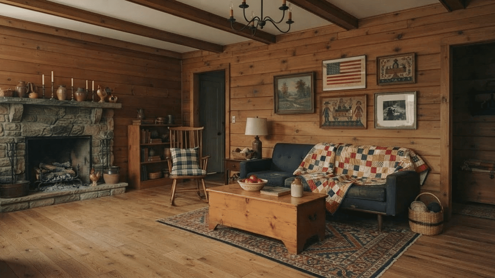 Modern interior styles featuring Americana design with vintage artwork, wood furniture, quilts, and nostalgic home details.