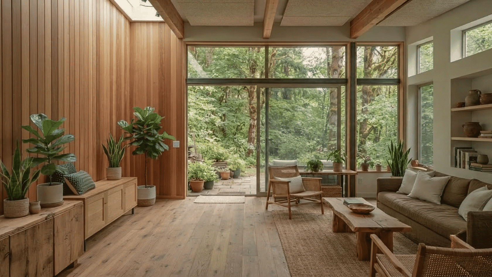 Modern interior styles featuring Biophilic design with indoor plants, natural light, greenery, and organic materials.