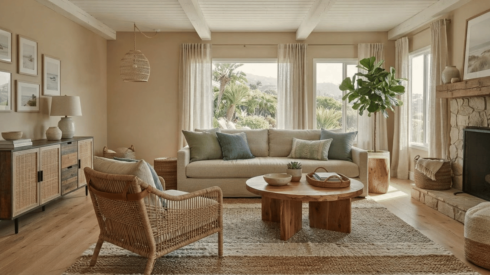 Modern interior styles featuring California Coastal decor with natural textures, rattan, linen, and relaxed coastal elements.