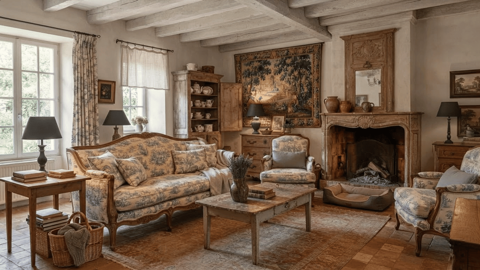 Modern interior styles featuring French Country decor with rustic wood, antique furniture, toile fabrics, and warm accents.