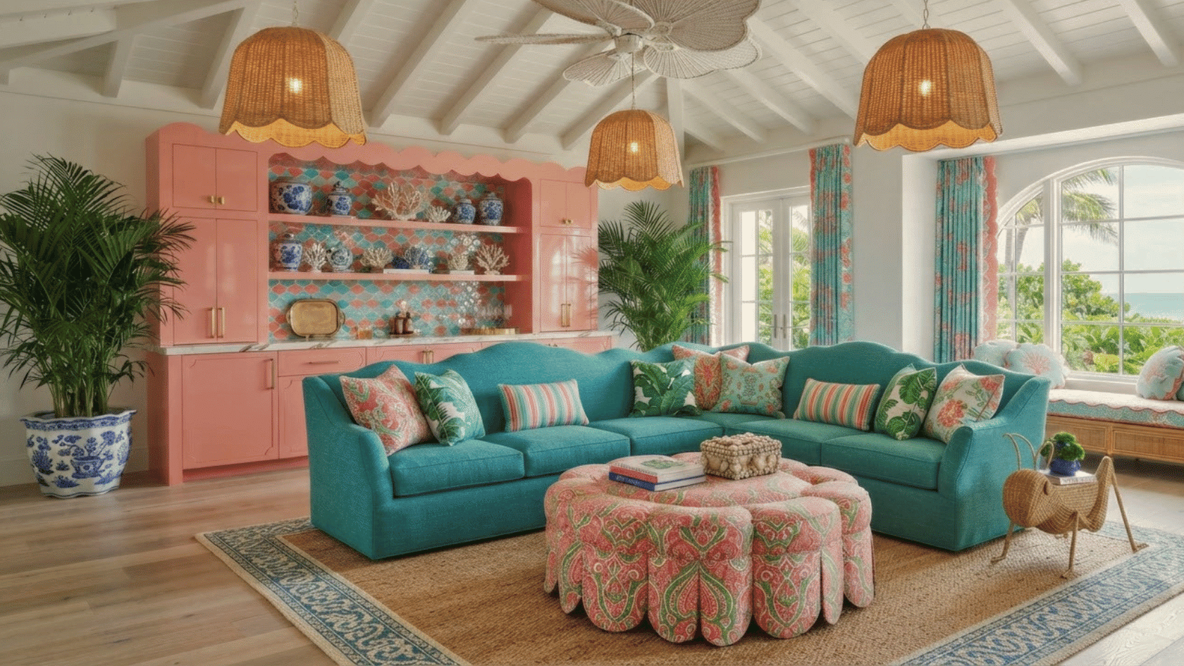 Modern interior styles featuring Palm Beach decor with colorful prints, woven textures, scalloped details, and playful designs.