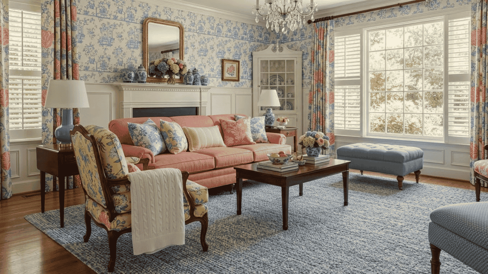 Modern interior styles featuring Southern Traditional decor with bright colors, patterns, wallpaper, and classic furniture accents.