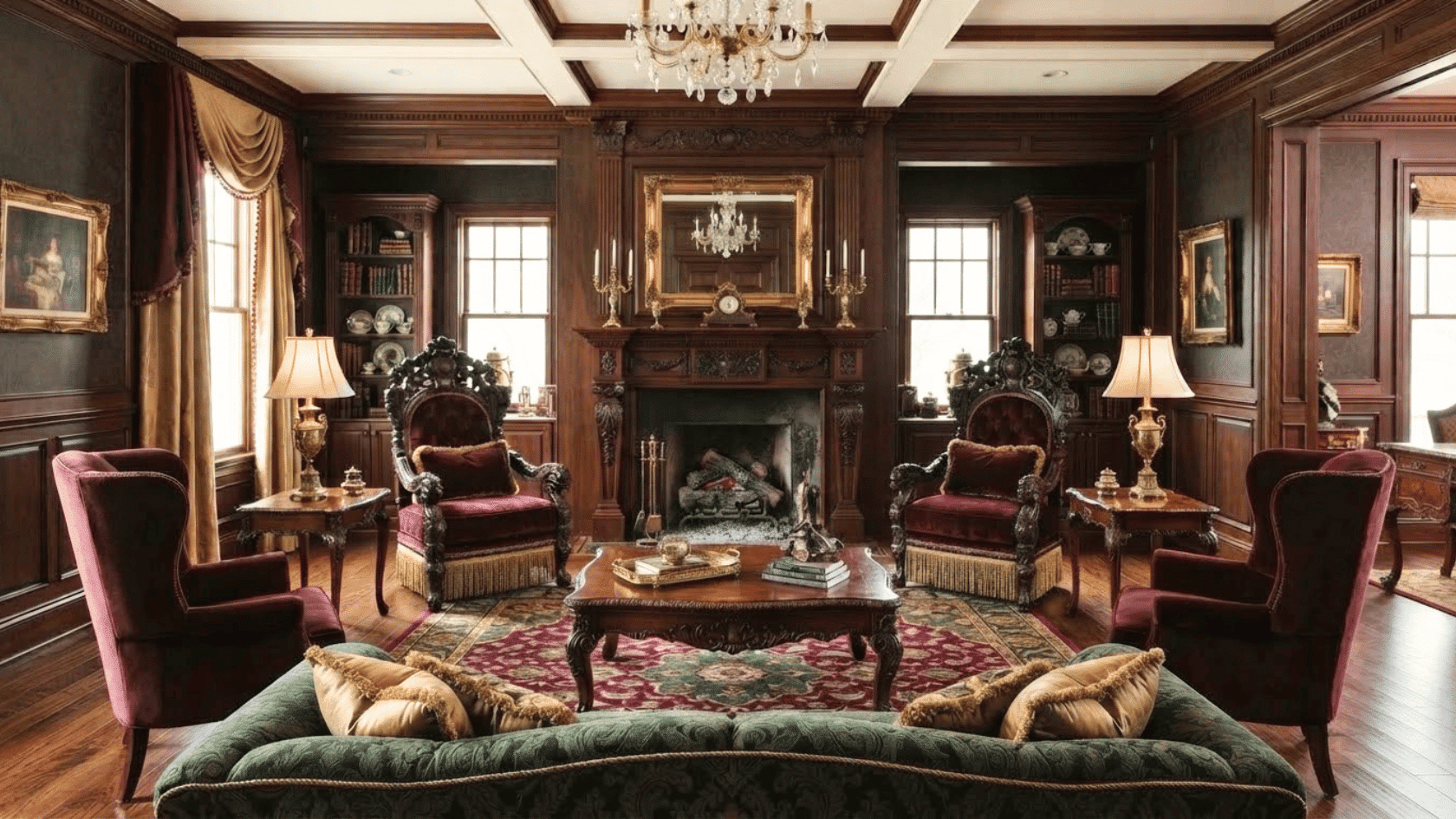 Modern interior styles featuring Traditional design with dark wood furniture, plush fabrics, symmetry, and ornate classic details.