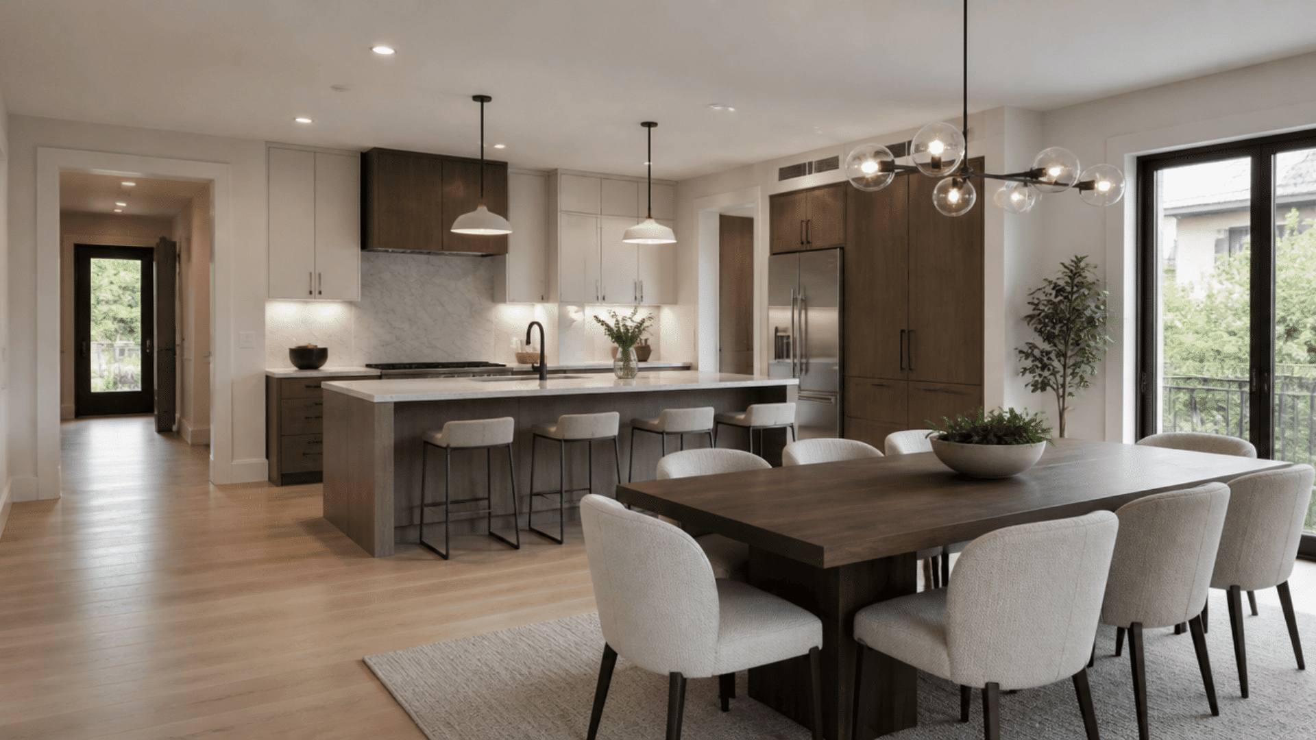 Open plan kitchen and dining area with island seating, pendant lights, and seamless layout flow between spaces.
