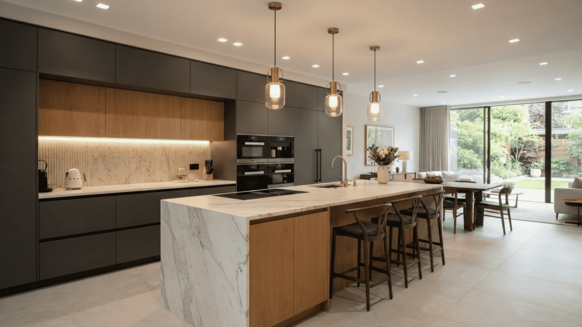 Modern kitchen with minimalist pendant lights, recessed lighting, and warm LEDs creating a stylish contemporary cooking space.