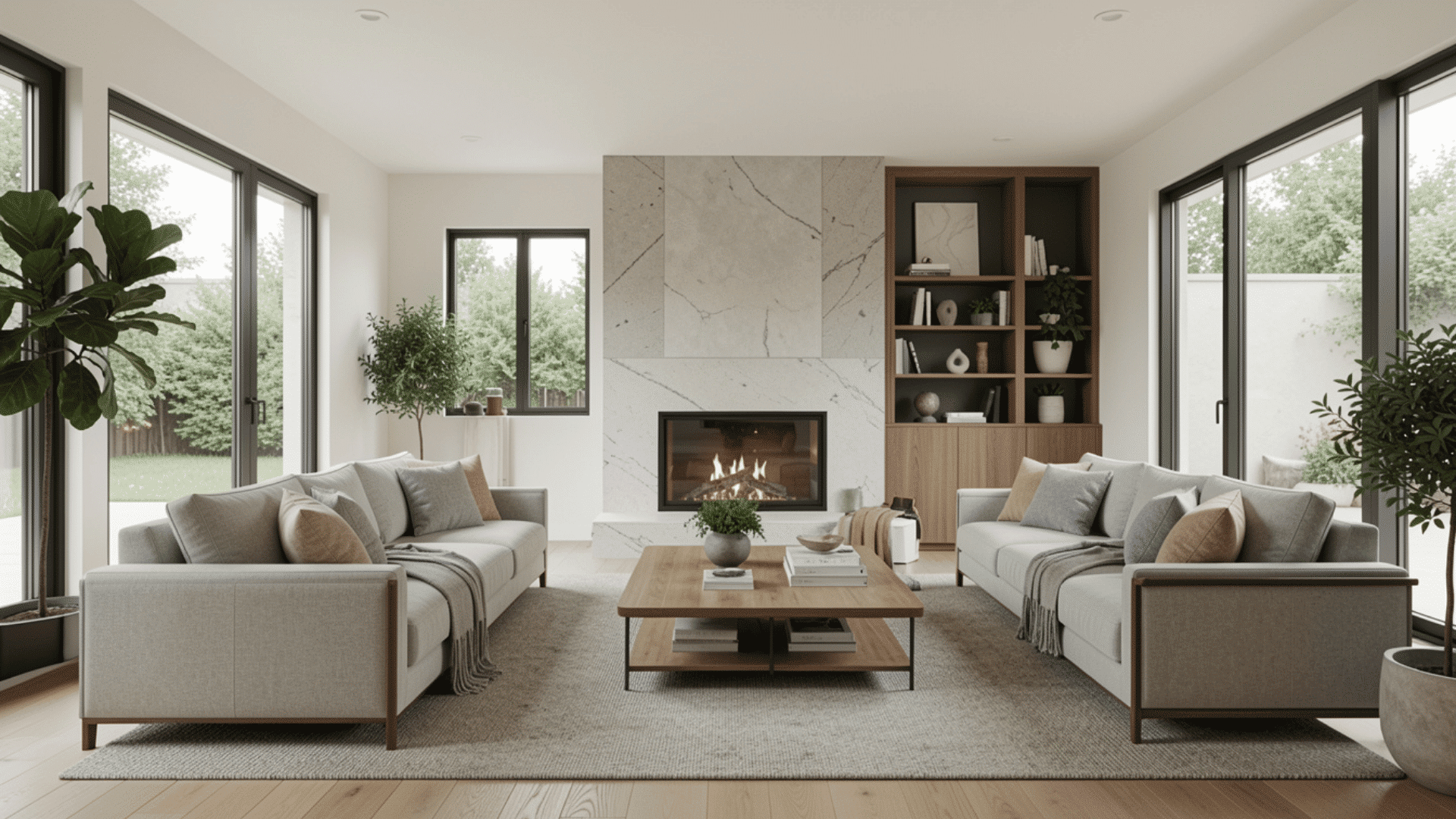 Wide modern living room with symmetrical sofas, central coffee table, fireplace focal point, large windows, plants.