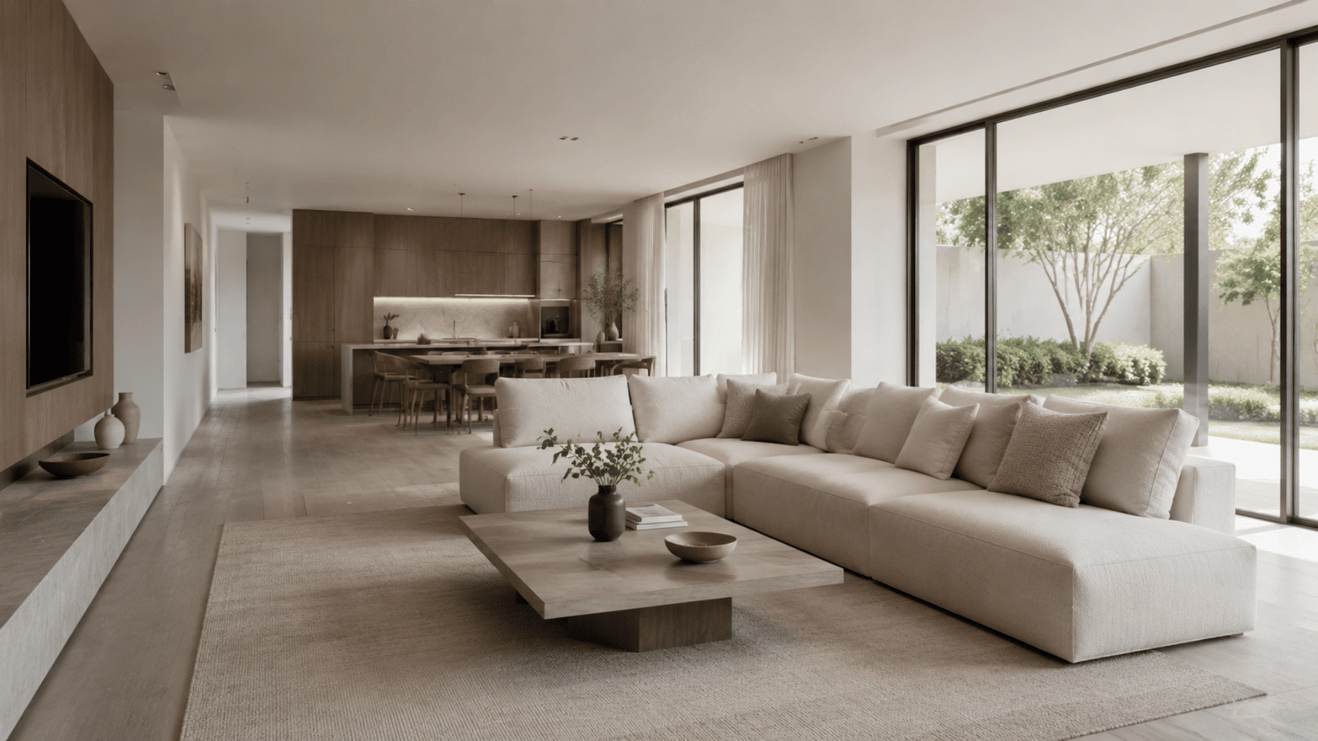 Modern open-plan living room with neutral tones, minimalist furniture, wood accents and large windows with natural light.
