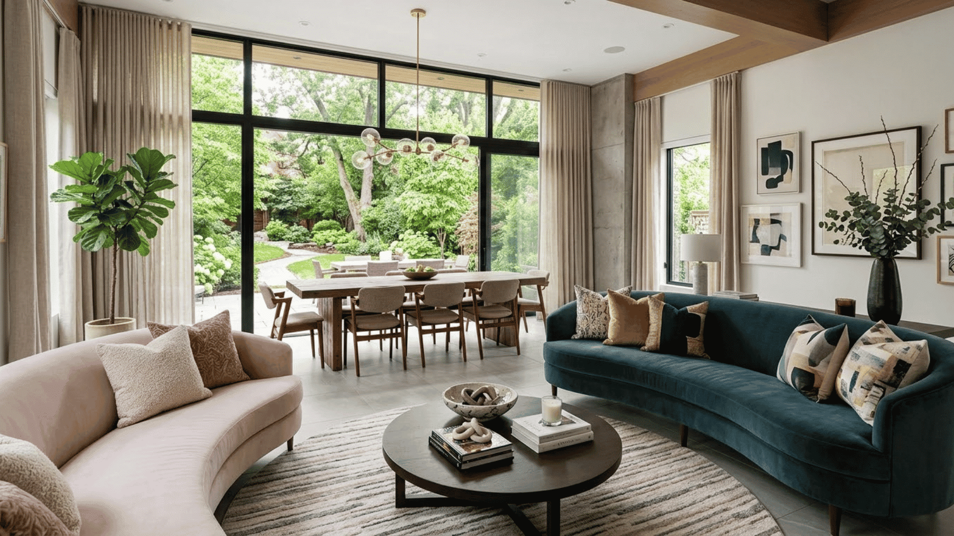 Modern living room with colorful sofas, dining area, large windows, and plants.