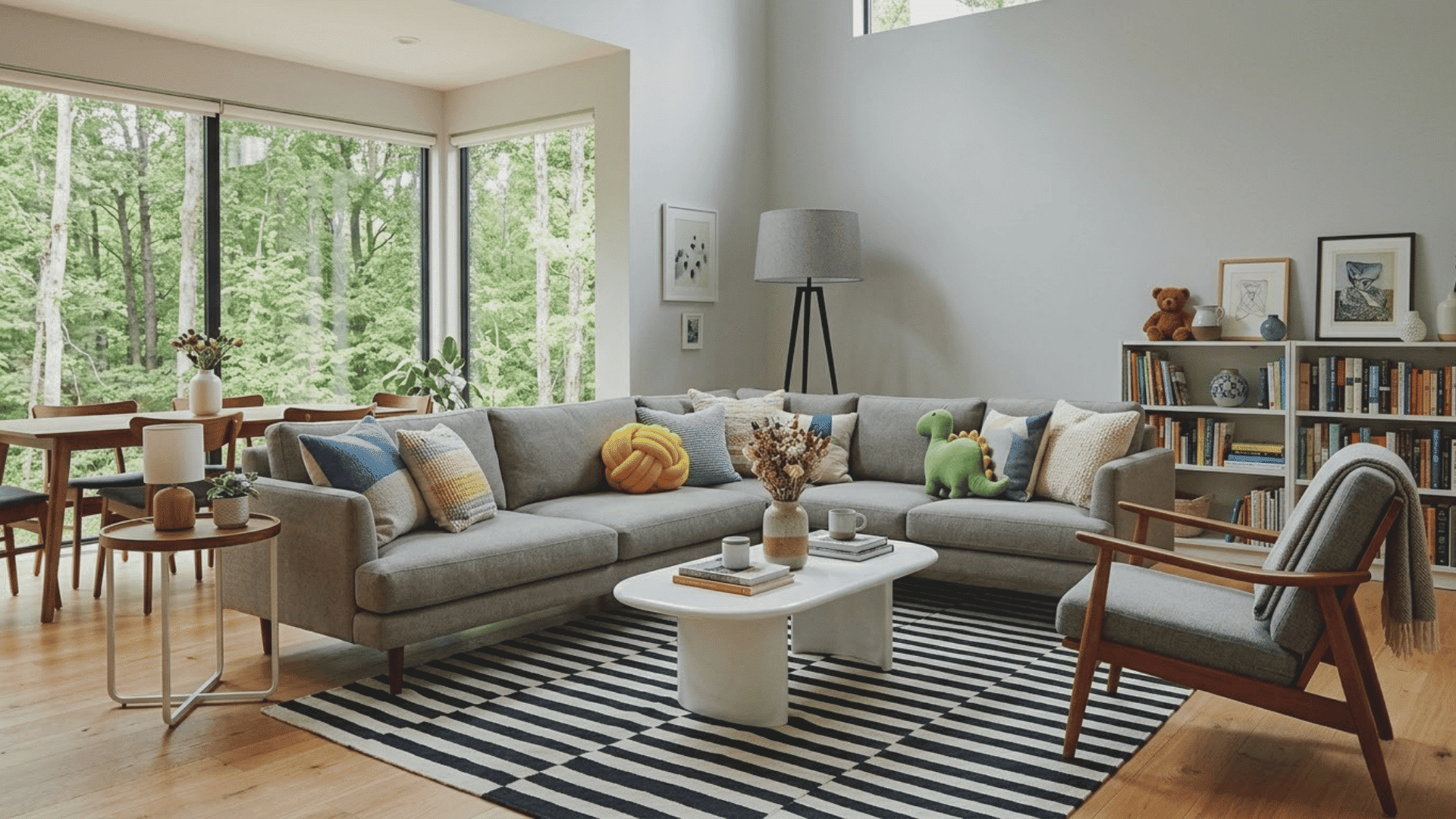 Modern living room with sectional sofa, patterned rug, coffee table, and bookshelf.