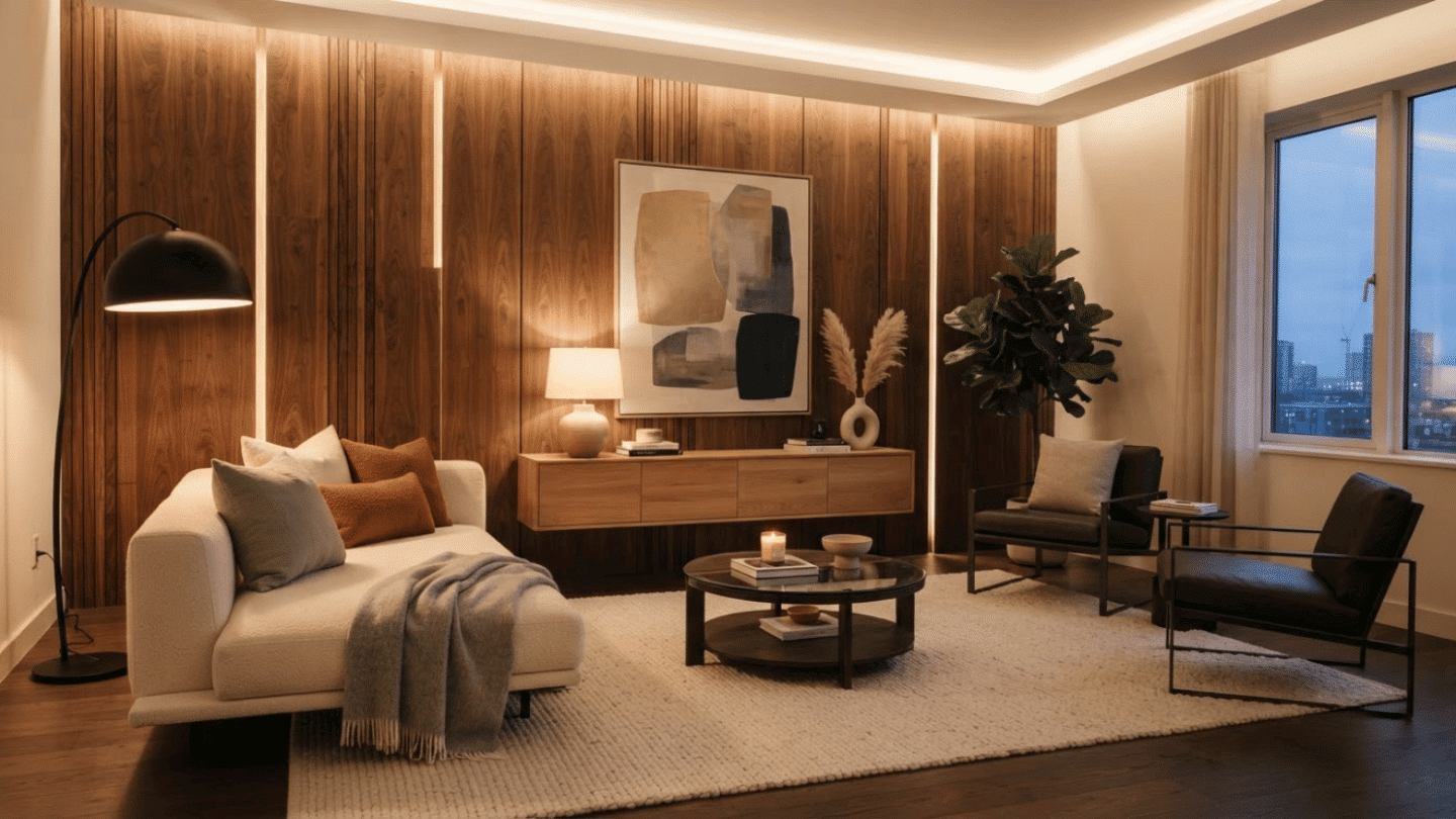 Modern living room with textured accent wall, minimalist furniture, soft lighting, and elegant contemporary design.