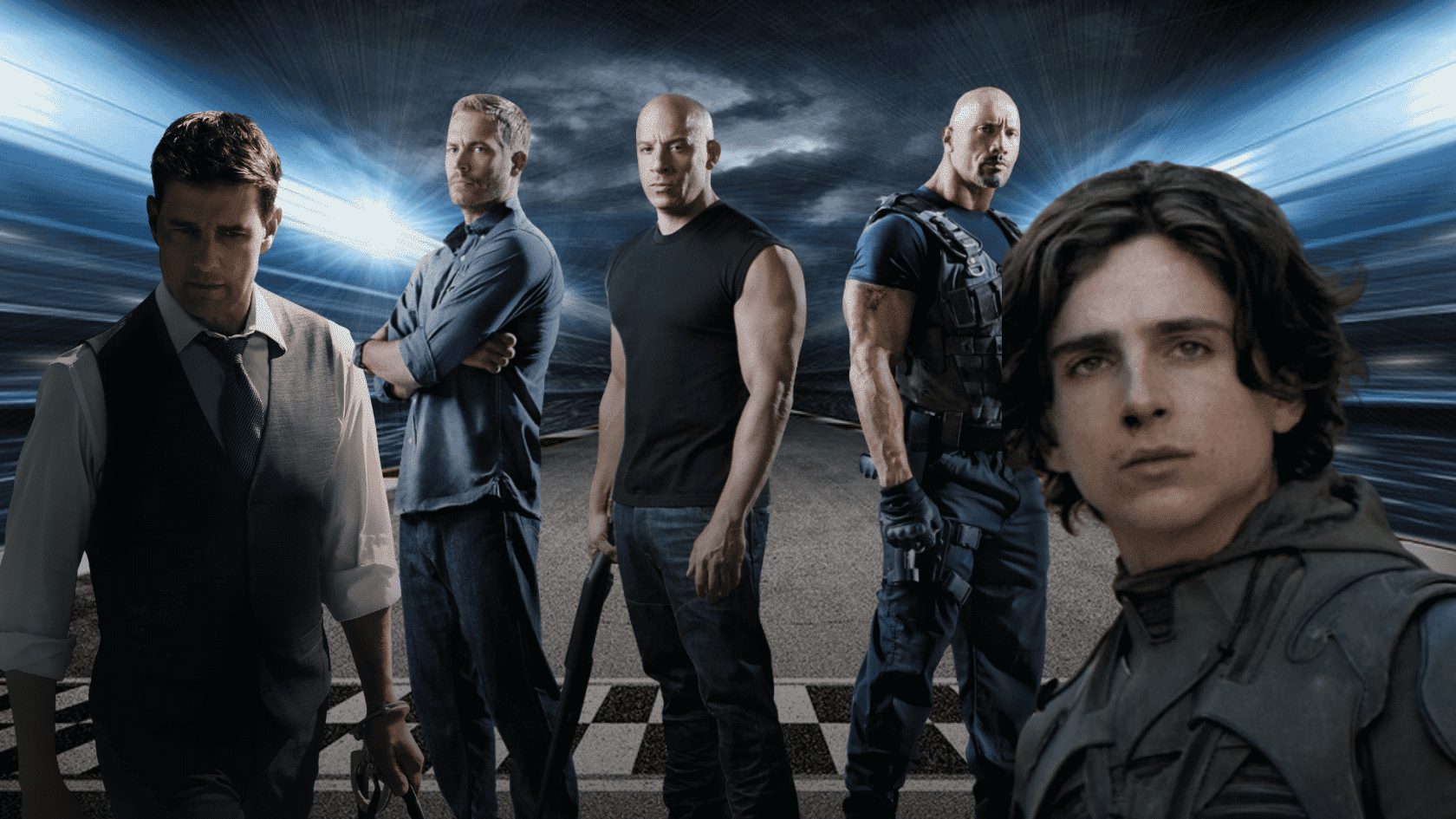 Modern Movie Trivia Questions of Fast & Furious characters Dominic Toretto and Luke Hobbs with Paul Atreides from Dune collage