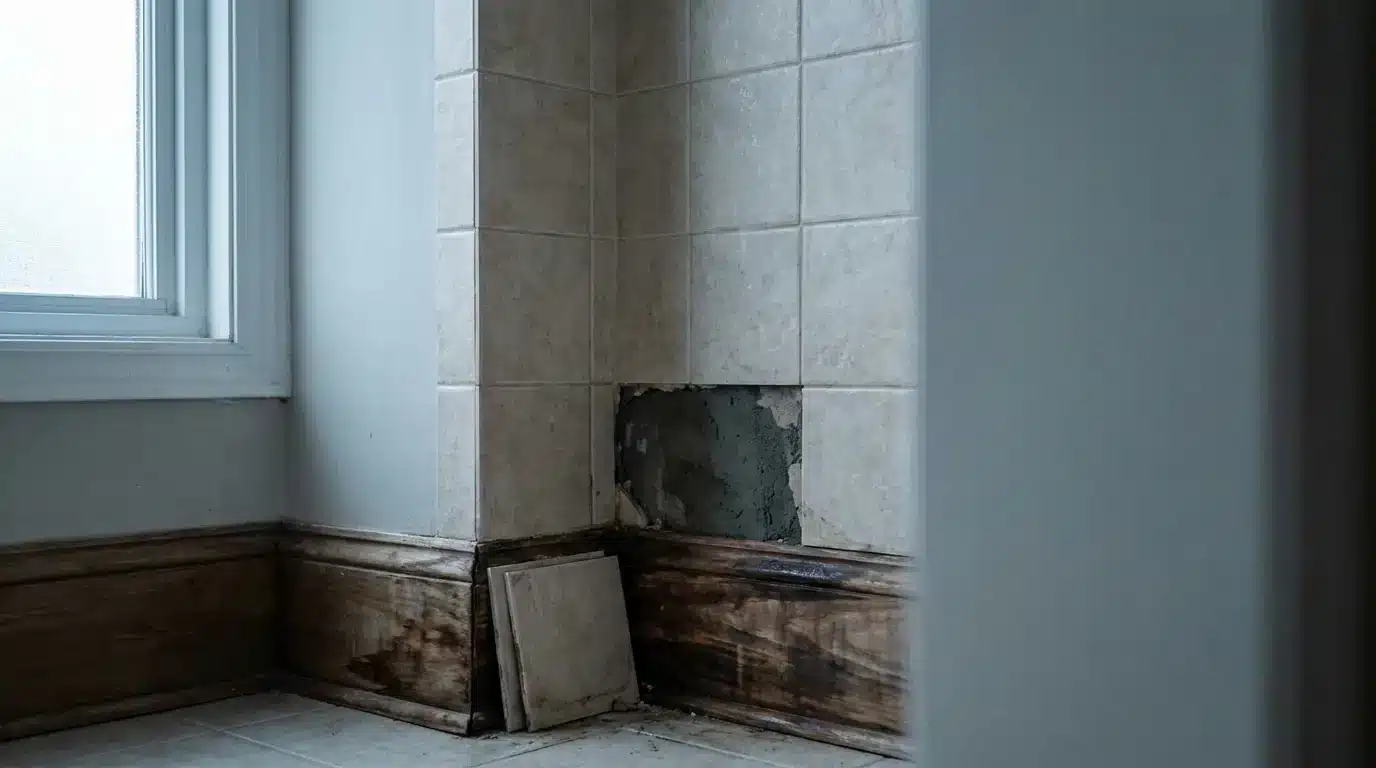 Damaged bathroom wall tiles with exposed drywall next to wooden baseboard in a dimly lit room