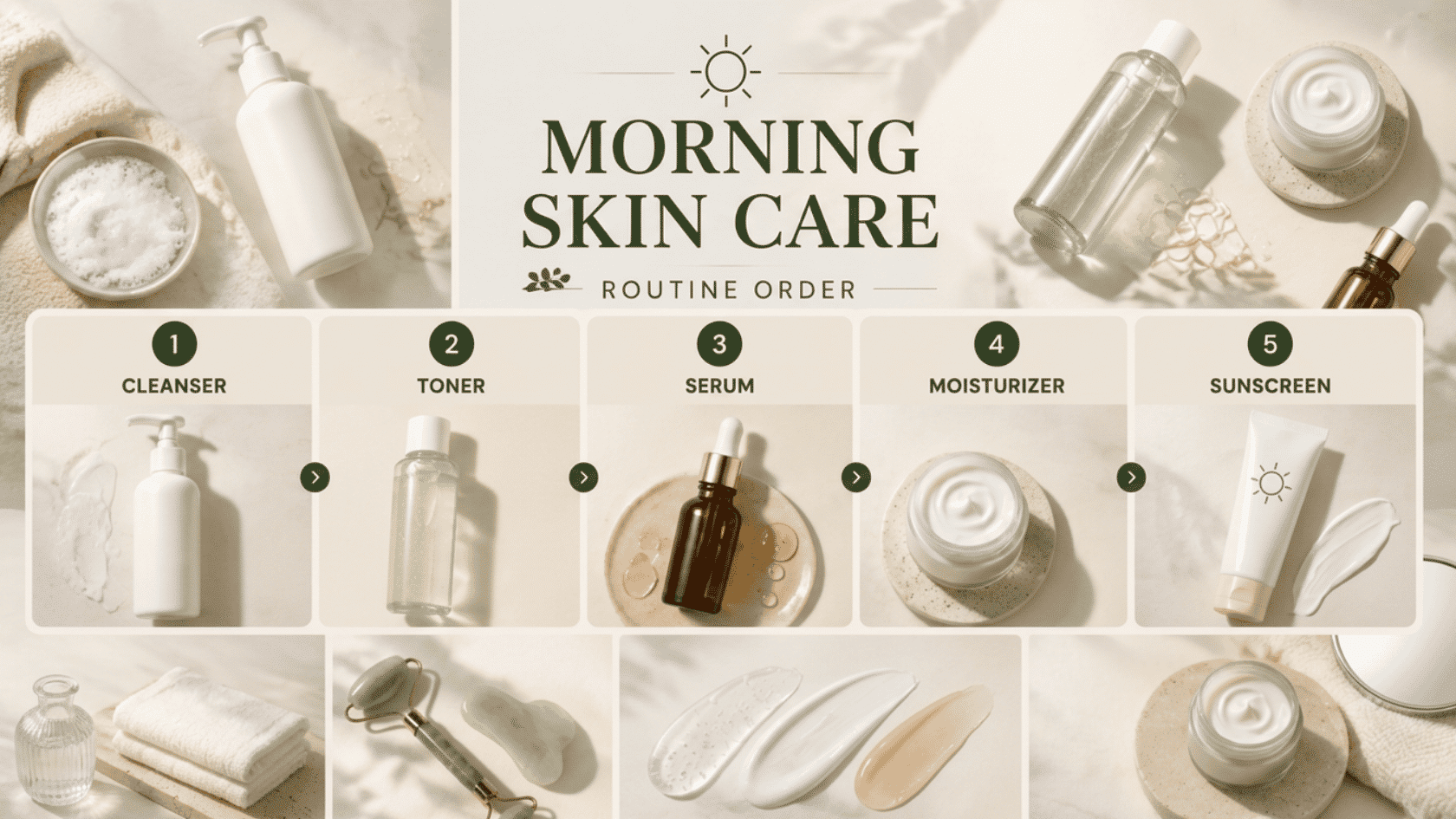 Morning skincare routine showing cleanser, toner, serum, moisturizer, and sunscreen steps with skincare products and tools.