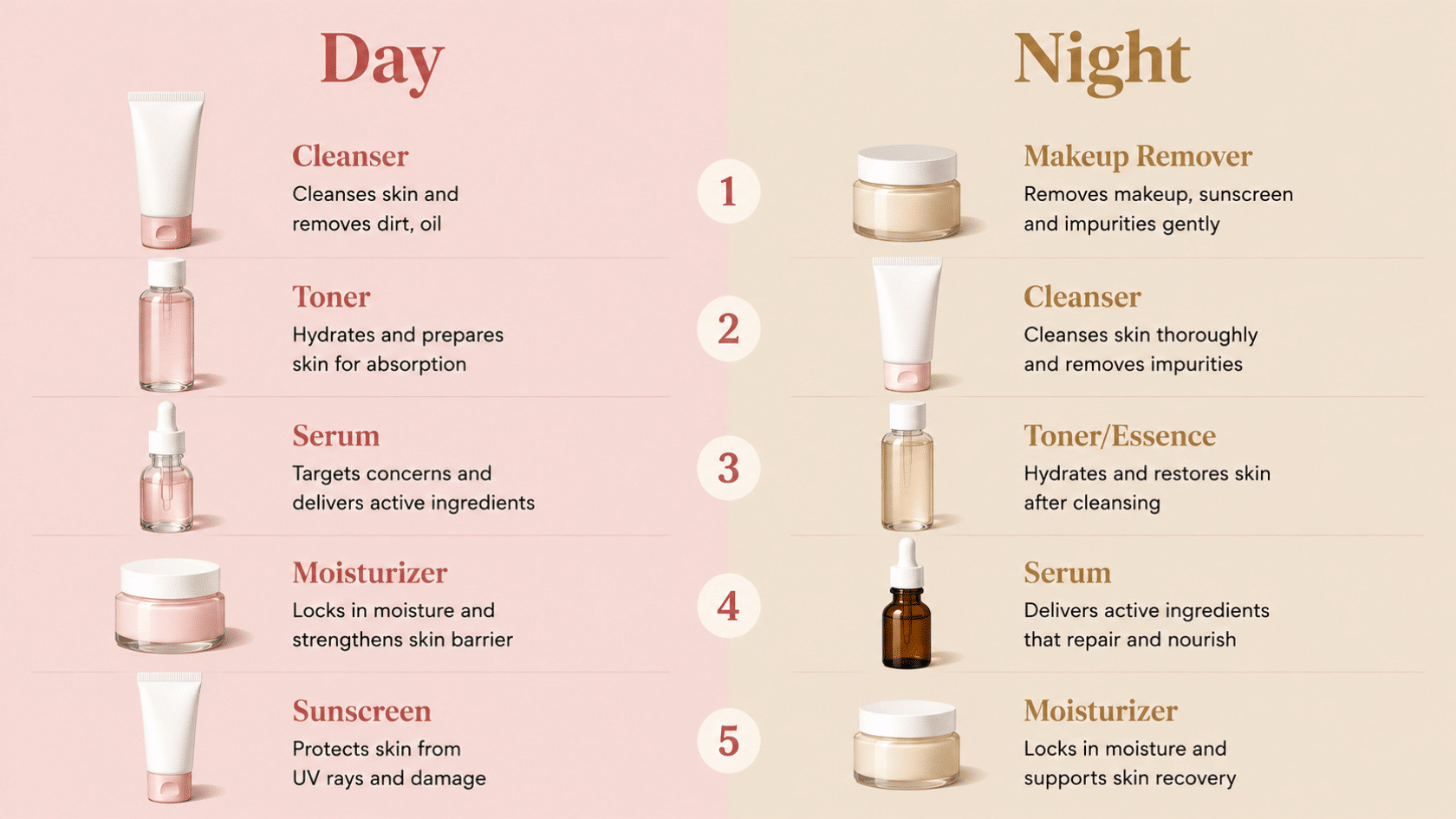 Morning skincare routine showing day and night steps with cleanser, toner, serum, moisturizer, sunscreen, and makeup remover products.