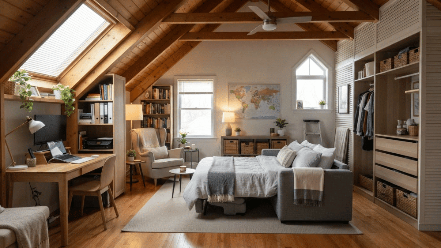 Multi-purpose attic room with workspace, sofa bed, storage, and flexible furniture arrangement.