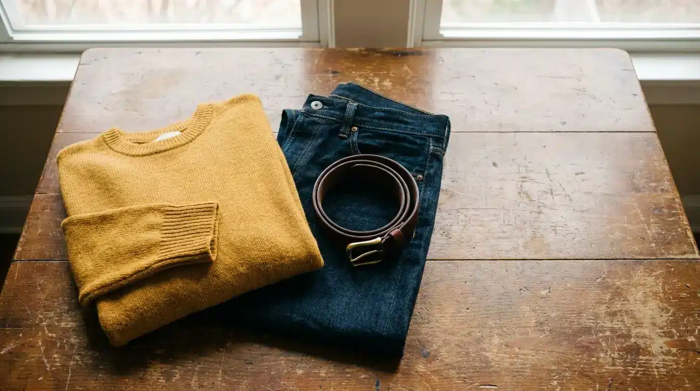 Yellow sweater, dark jeans, and brown belt on rustic wooden table near window