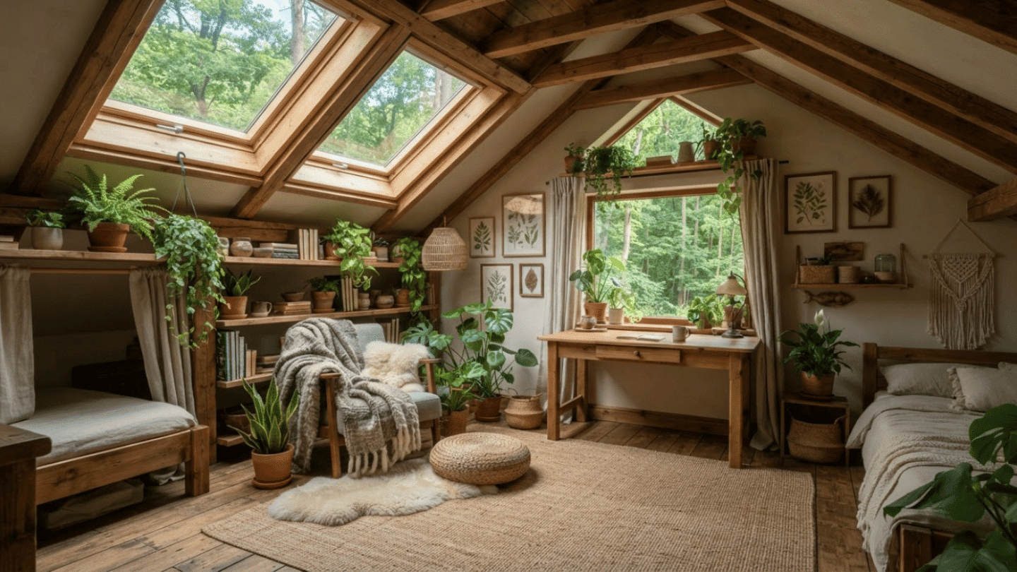 Nature-inspired attic room with plants, wooden furniture, earthy colors, and natural textures.