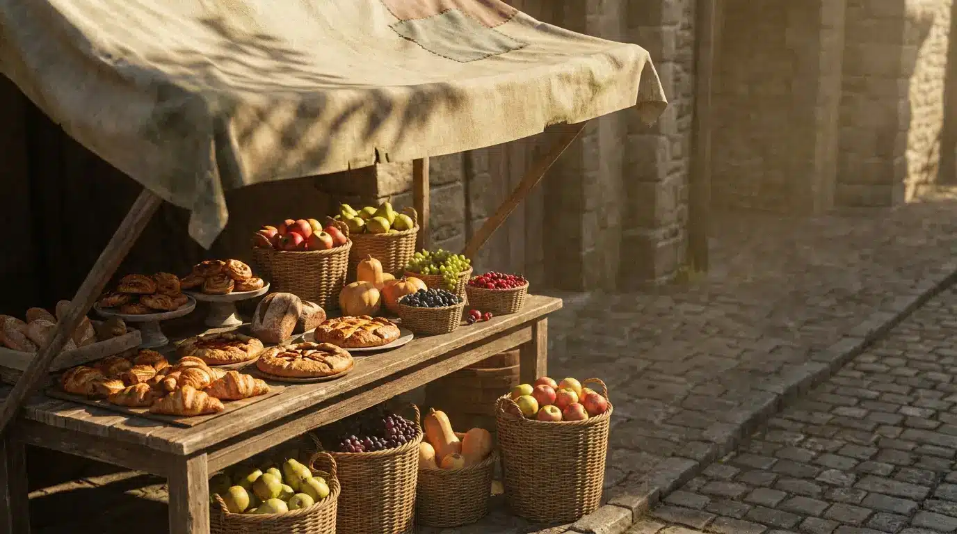 Fruit and pastries displayed on rustic wooden table under canvas canopy on cobblestone street