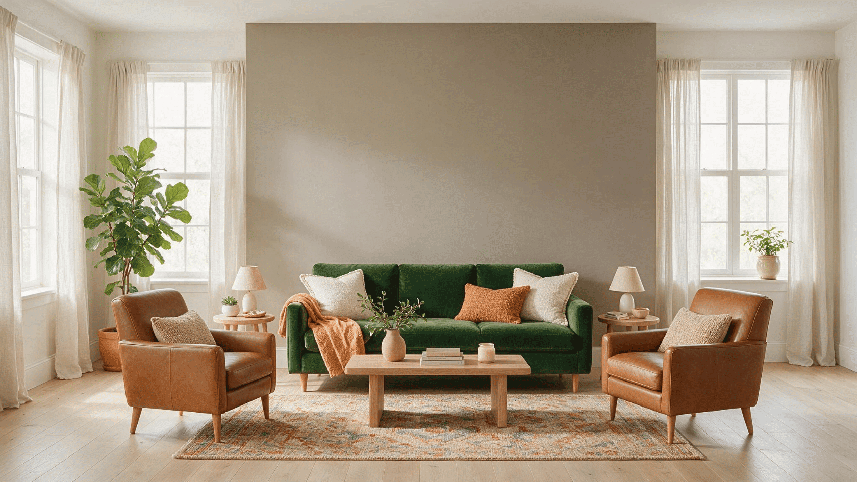 Living room with a neutral accent wall, bold furniture, and a light open layout.