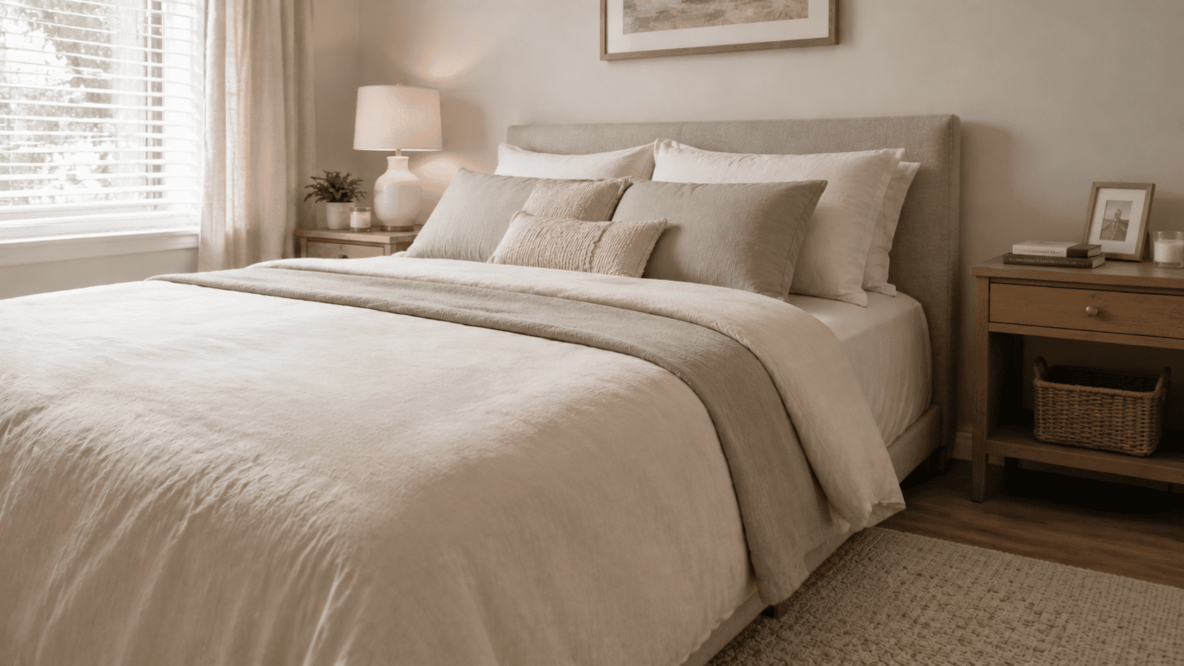 Neutral bedroom with light bedding, layered pillows, bedside tables, lamp, and a woven rug.