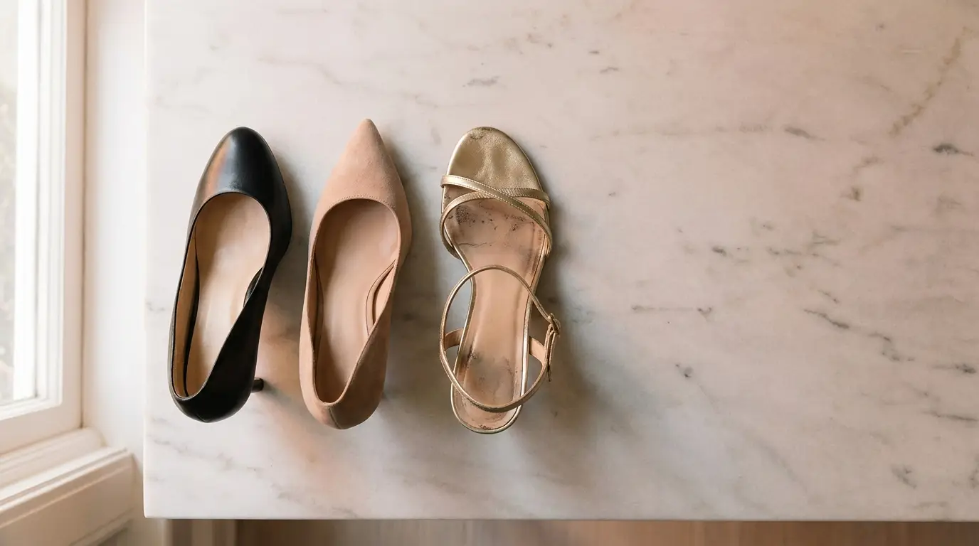 Three different shoes placed neatly on a light marble surface with natural light