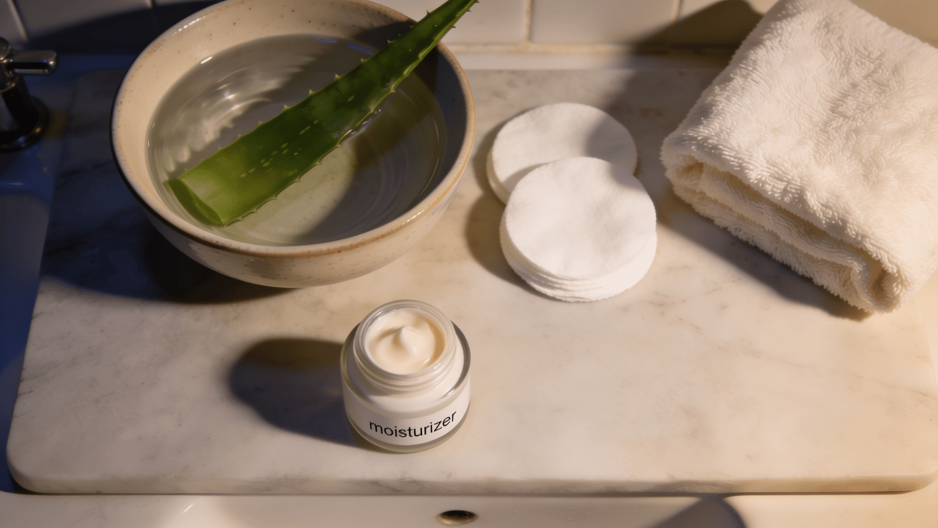 Nighttime skincare elements showing cotton pads , towel , aloe vera and moisturizer kept on a bathroom sla