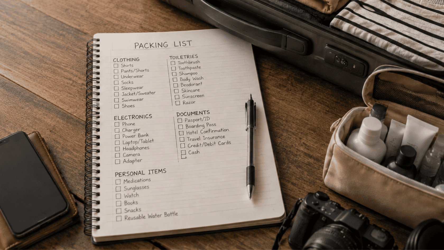 Notebook with a packing list, travel essentials, toiletries, electronics, and open suitcase arranged for planning what to pack.