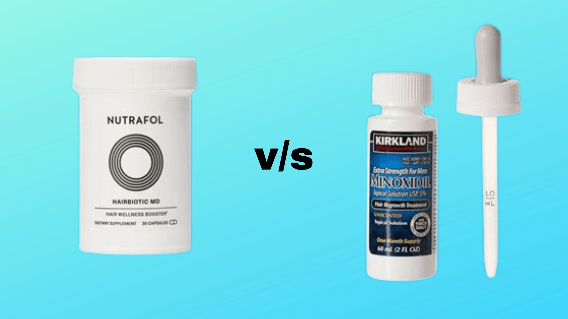 Nutrafol supplement and Minoxidil topical solution shown side by side for hair loss treatment comparison
