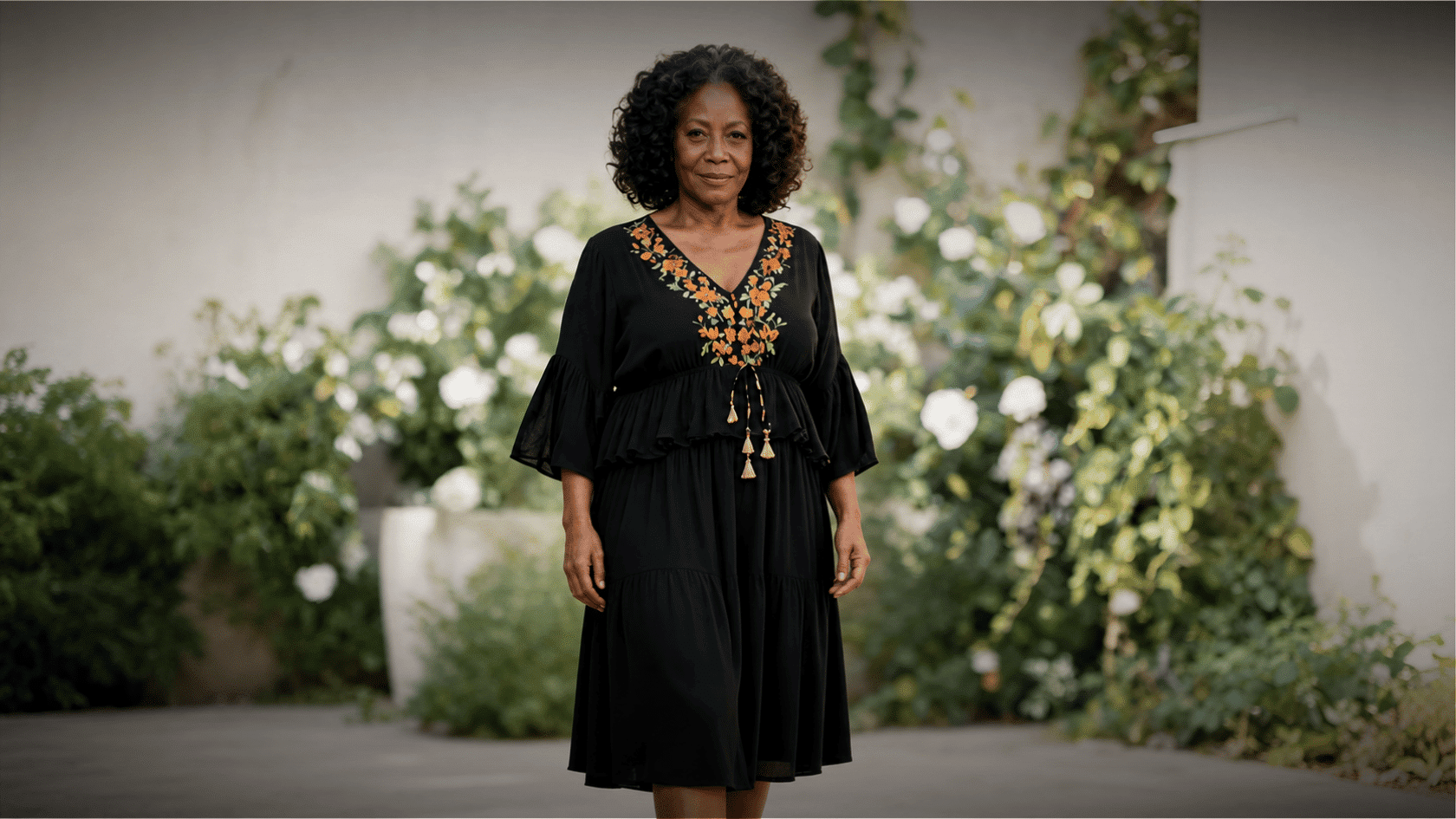 Older woman wearing a black boho dress with floral embroidery in a garden