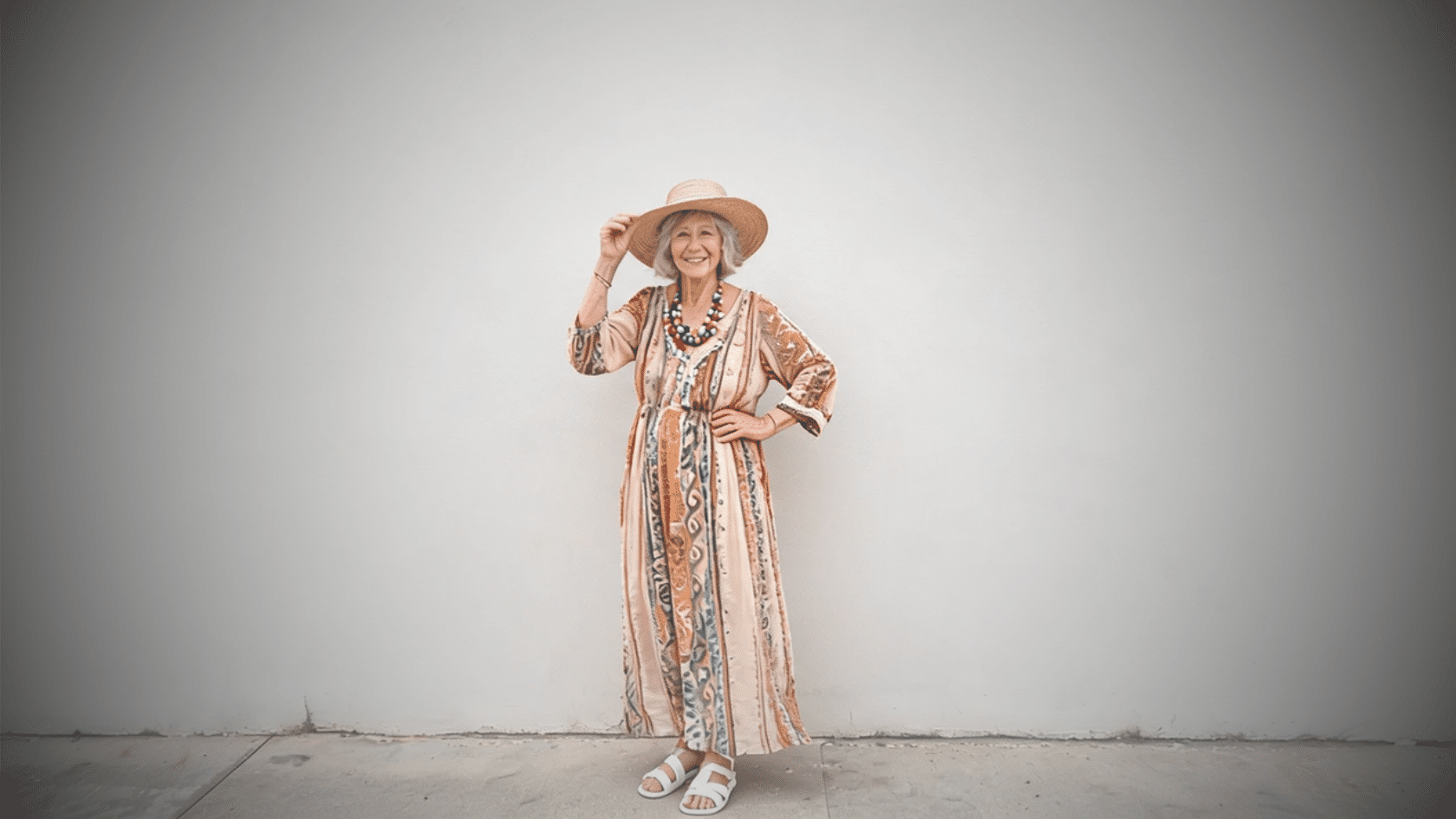 Older woman wearing a boho maxi dress, sun hat, and sandals standing outdoors.