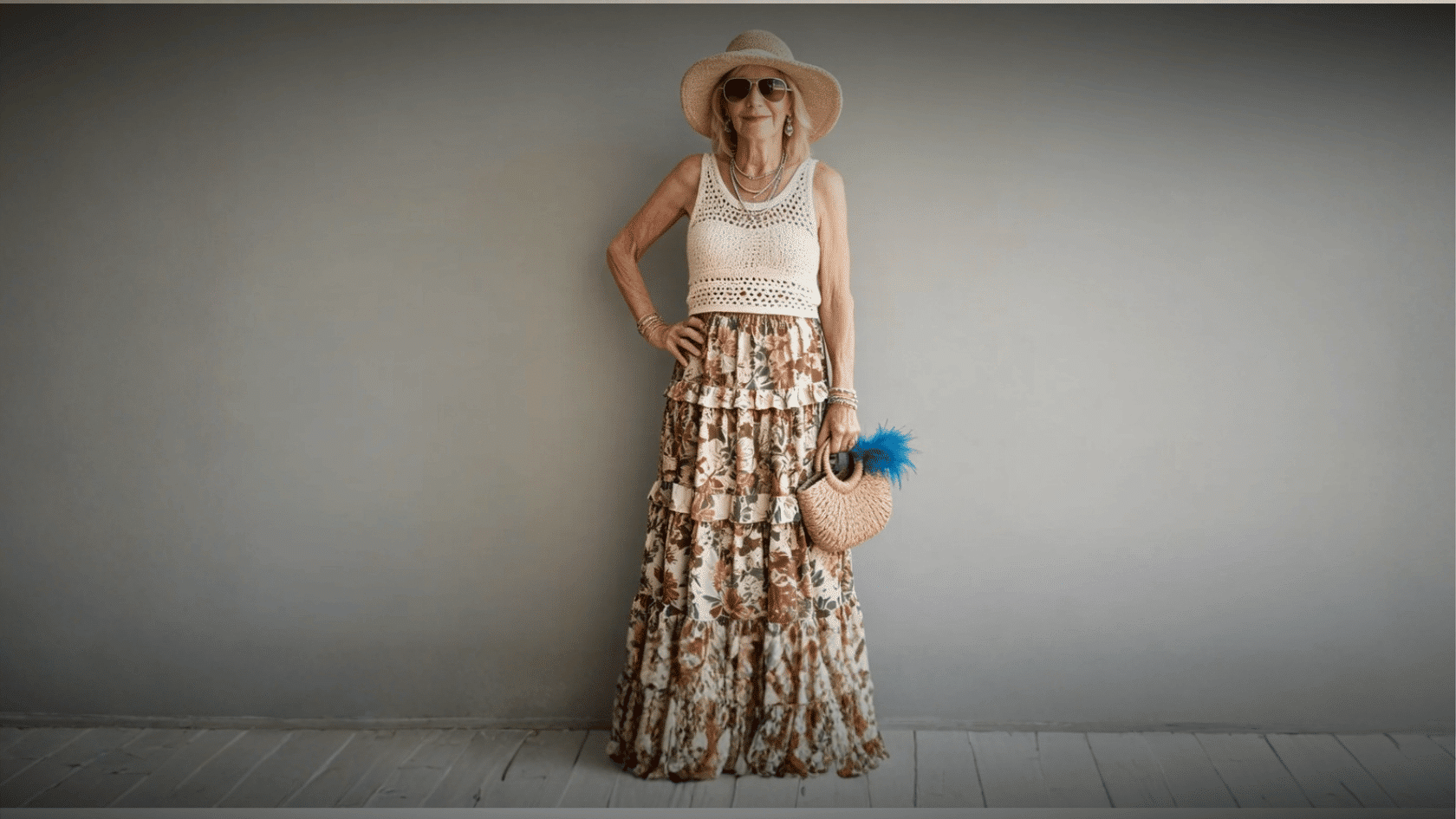 Older woman wearing a boho maxi skirt, crochet top, sun hat, and accessories
