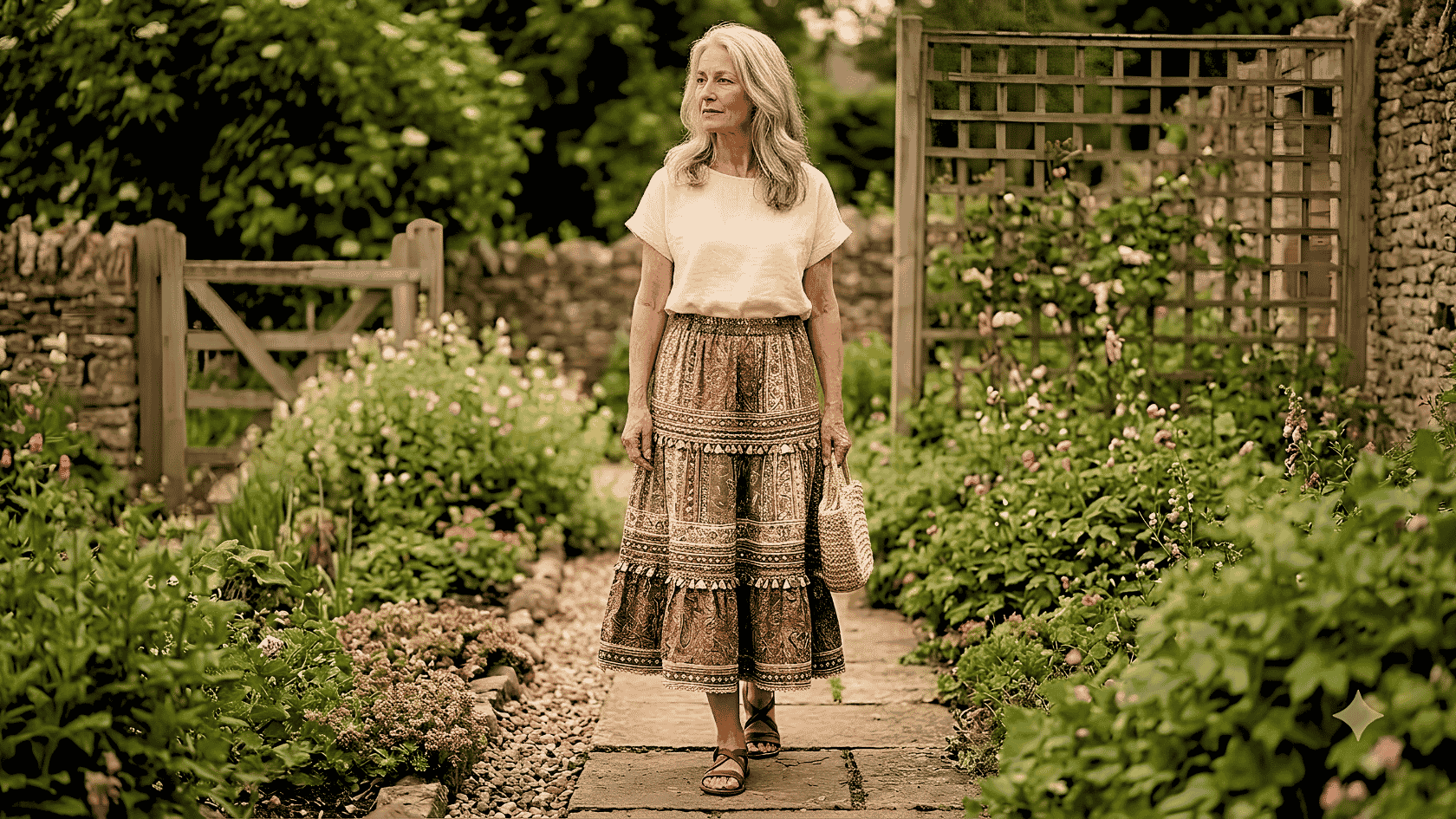Older woman wearing a boho printed skirt and top in a garden