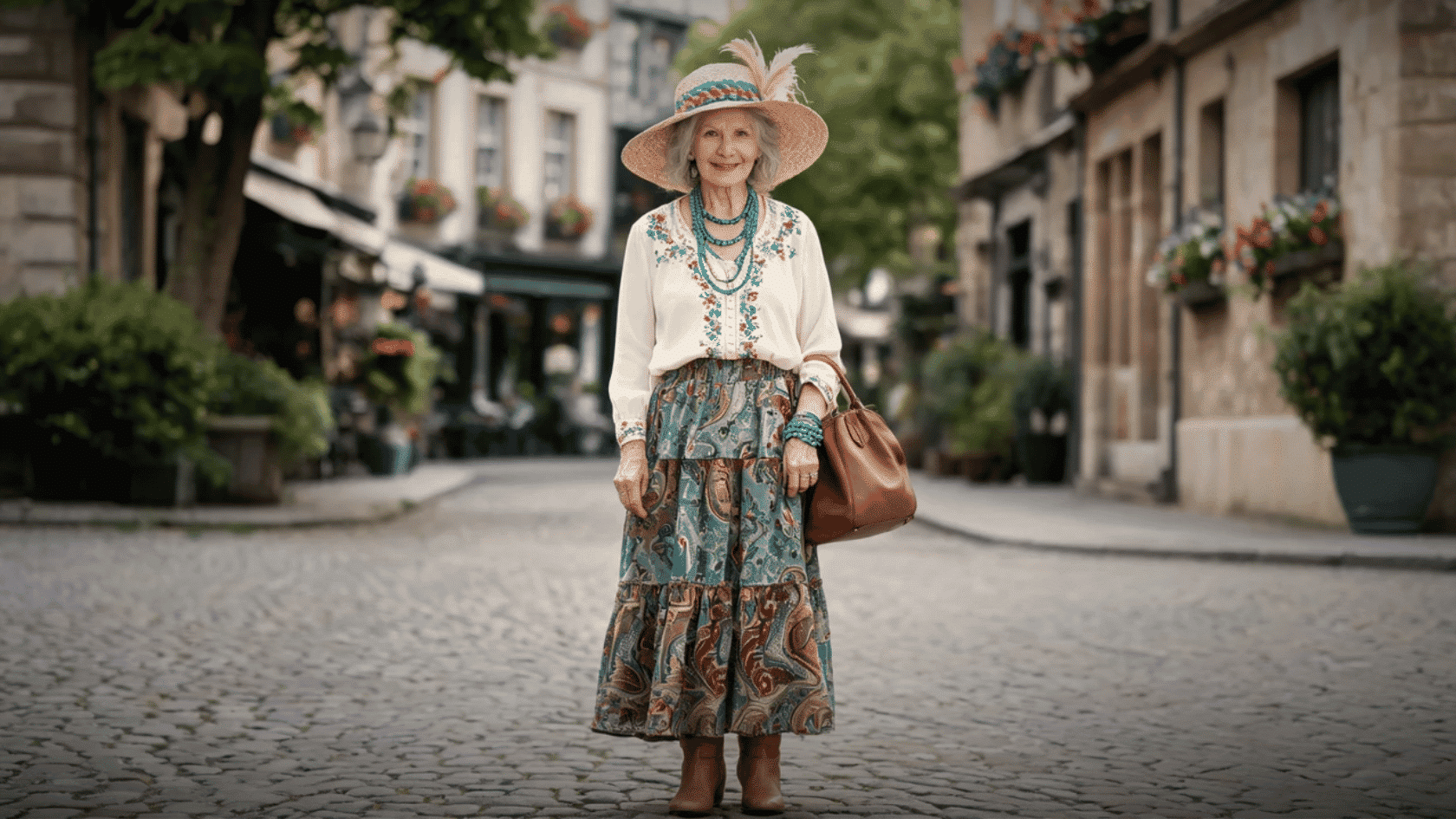 Older woman wearing a boho skirt, embroidered blouse, and hat on a street