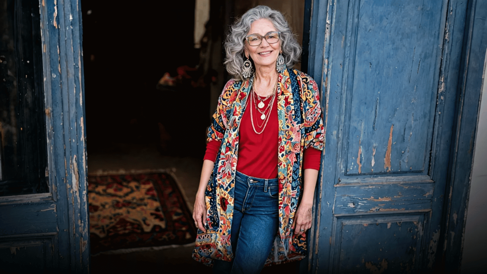 Older woman wearing a colorful boho jacket with jeans and accessories