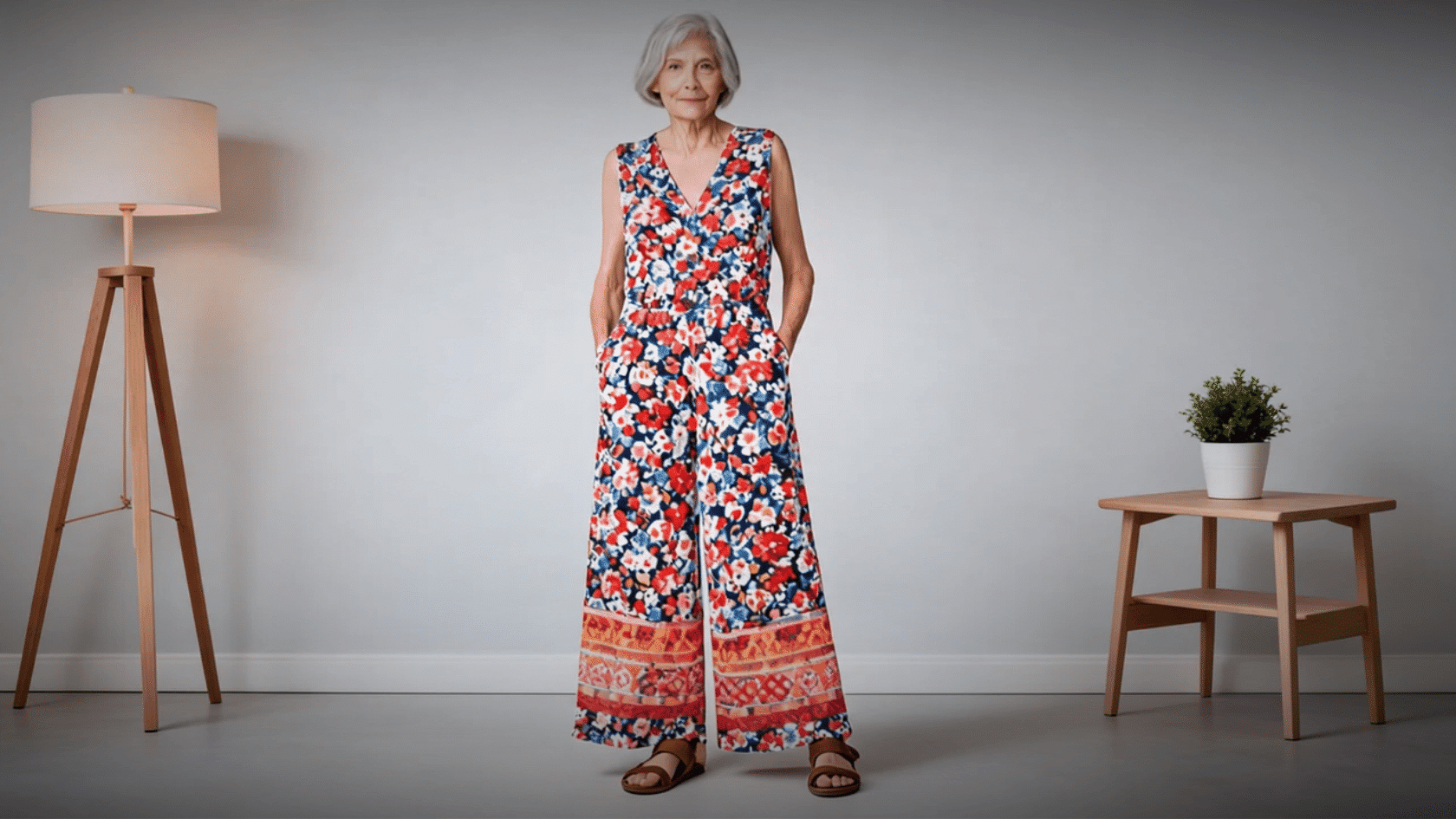 Older woman wearing a floral boho jumpsuit with sandals indoors