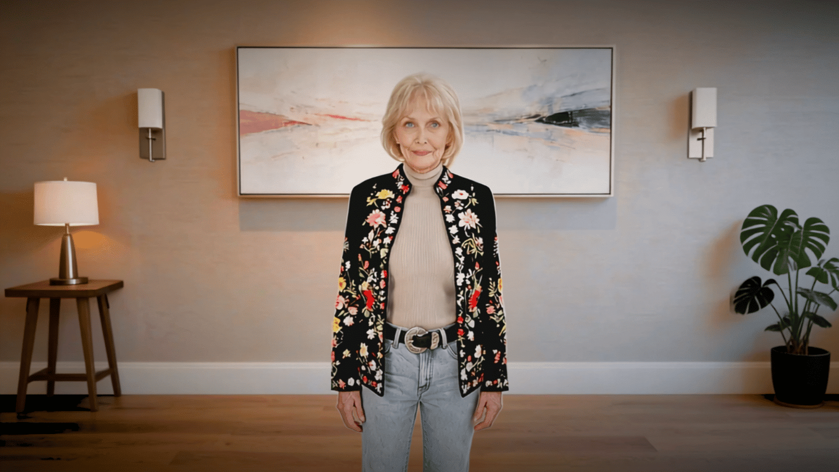 Older woman wearing a floral embroidered jacket with jeans indoors