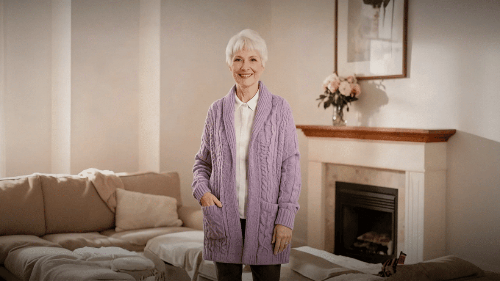 Older woman wearing a lavender long cardigan over a white shirt indoors