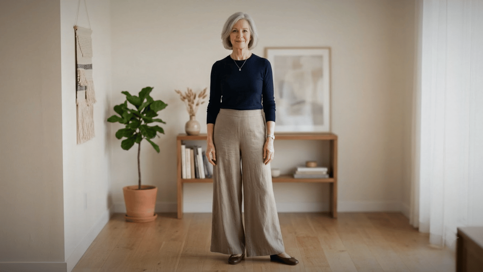 Older woman wearing a navy top and wide-leg pants indoors
