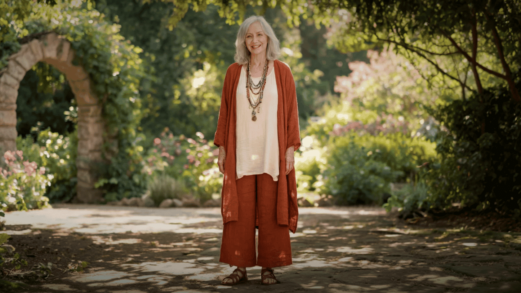 Older woman wearing a rust boho outfit with layered necklaces in a garden