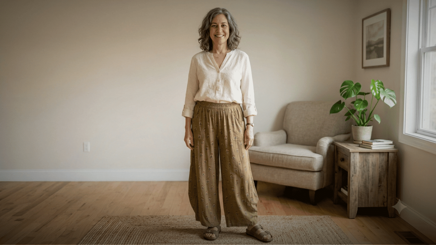 Older woman wearing a white boho blouse and patterned wide-leg pants indoors