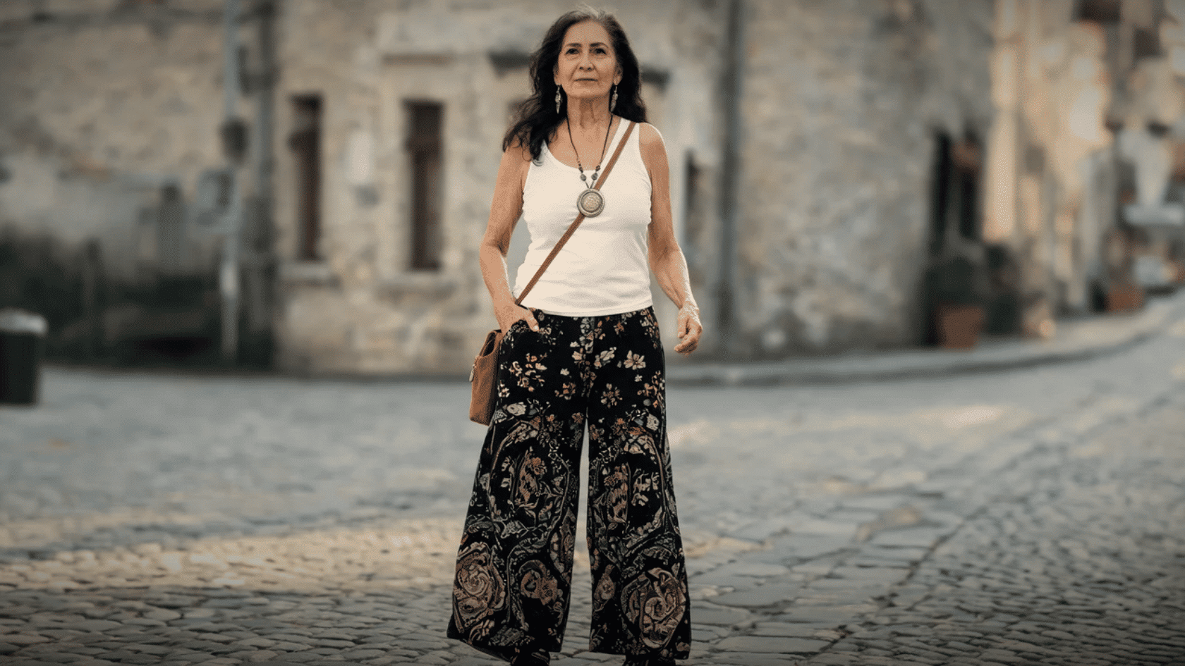 Older woman wearing a white top and patterned boho pants on a street