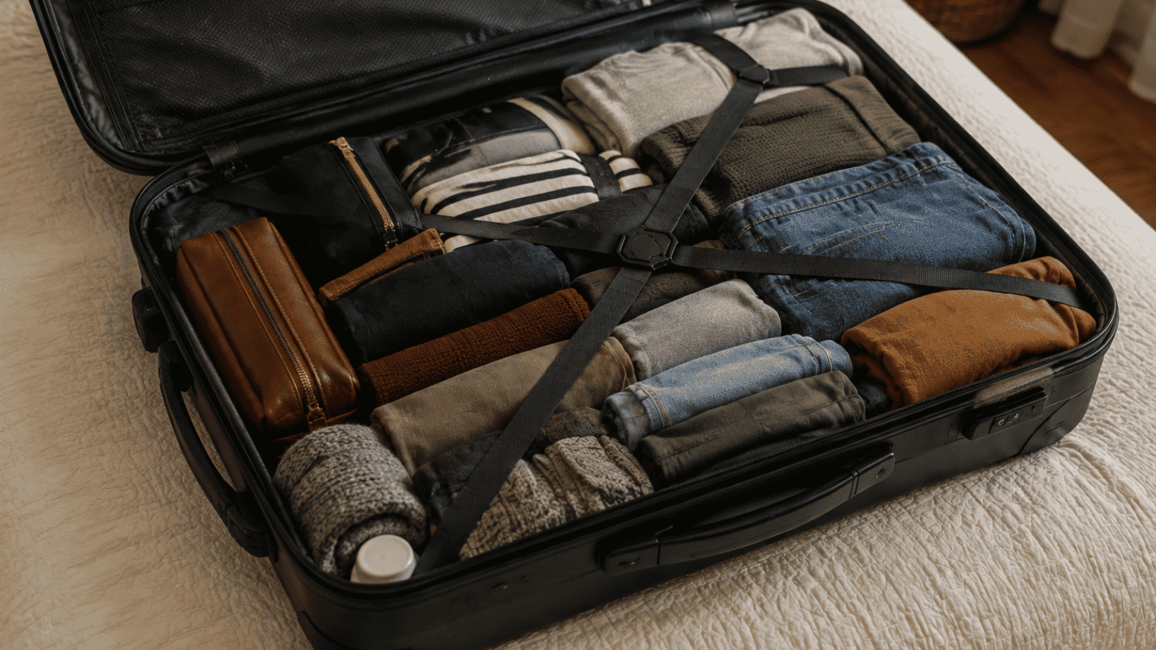Open suitcase with rolled and folded clothes, shoes, and travel items arranged inside for packing a suitcase step by step.
