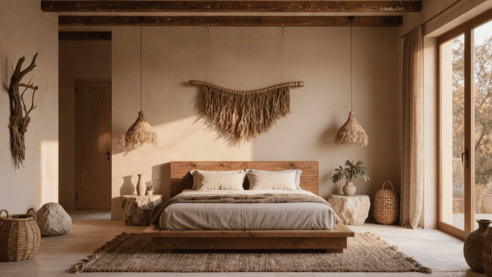 Organic modern interior design styles bedroom with wood bed, natural textures, and earthy decor.